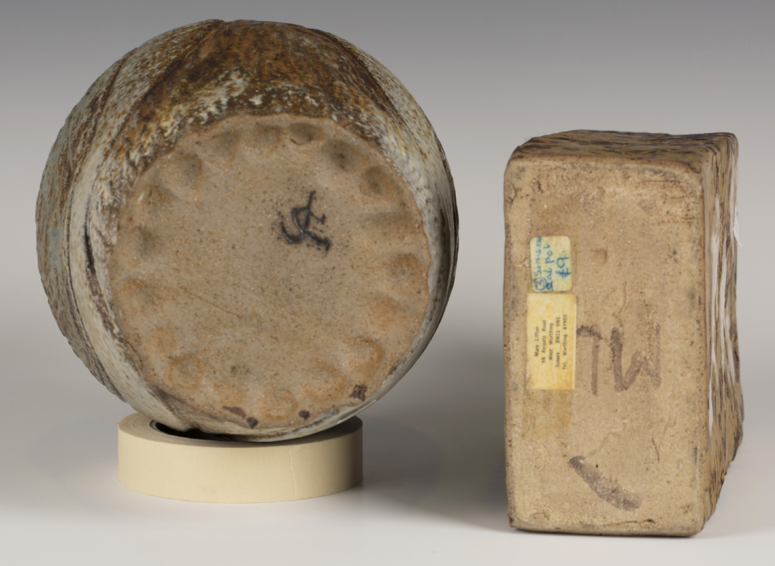 A Mary Lifton studio pottery stoneware pot of rectangular form with incised decoration, covered in a - Image 2 of 2