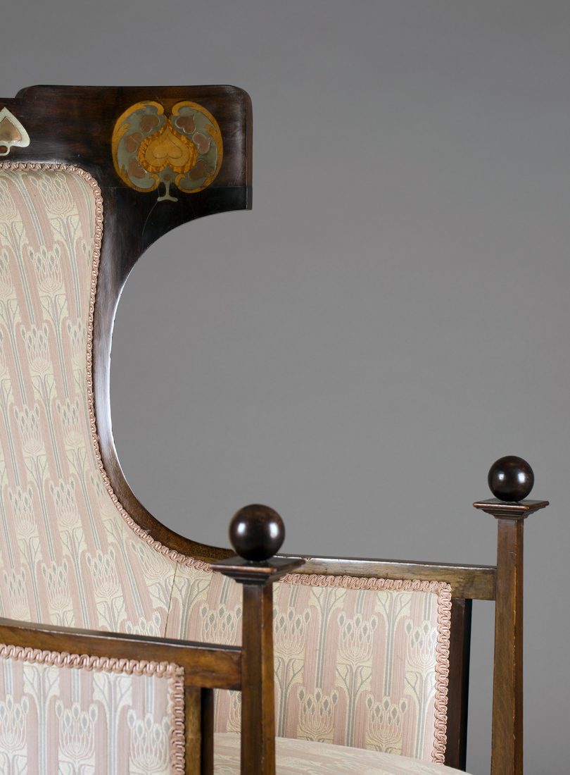 An Edwardian Arts and Crafts mahogany and inlaid tub back armchair, in the manner of Leonard F. - Image 4 of 4