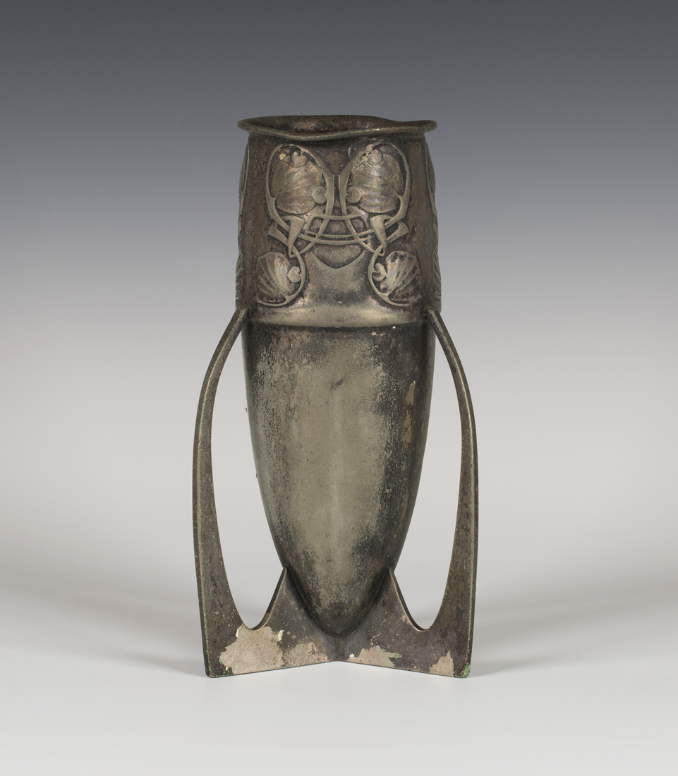 A Liberty & Co 'English Pewter' vase, designed by Archibald Knox, model number 0927, the ovoid