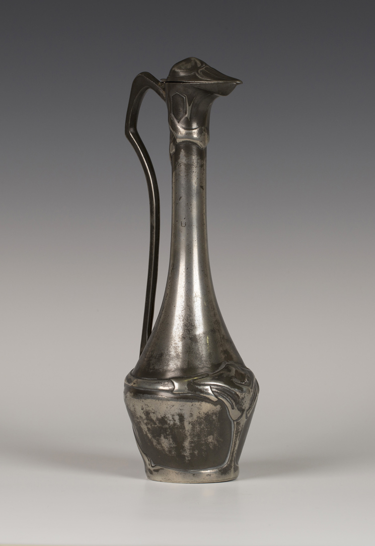 An early 20th century Arts and Crafts pewter tappit lid ewer, possibly Continental, the slender