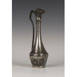 An early 20th century Arts and Crafts pewter tappit lid ewer, possibly Continental, the slender