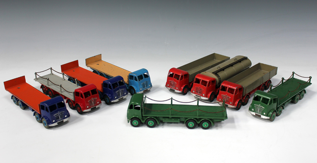 Nine Dinky Supertoys Fodens with second type cabs, comprising three No. 905 flat trucks with chains,