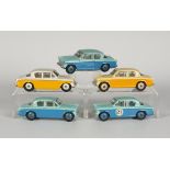 Five Dinky Toys duo colour No. 166 Sunbeam Rapiers, three finished in blue and turquoise, one