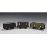 A gauge I open coal wagon, finished in SR brown livery, a goods van, finished in SR brown livery,