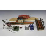 A Bing gauge O signal box (lacking roof), two Hornby gauge O buffer sets, two Hornby Trains, one