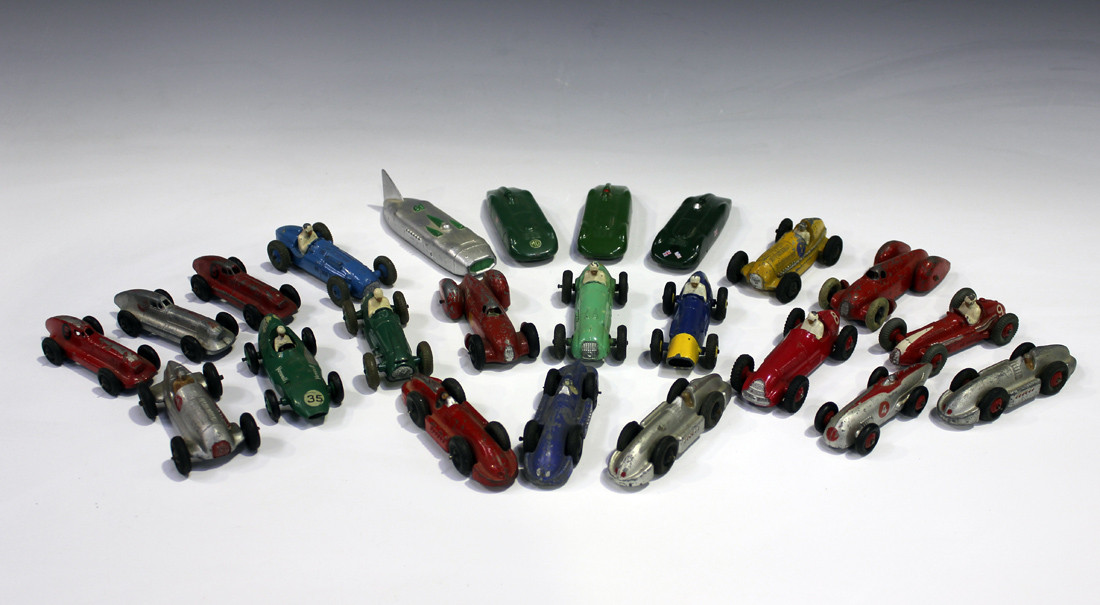 A collection of Dinky Toys racing and landspeed cars, including a No. 23a racing car, three No.