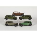 Five Dinky Toys post-war No. 30d Vauxhalls with shield shaped radiators (paint chips and