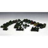 A collection of Dinky Toys army vehicles, including two No. 22f army tanks, a No. 151a medium