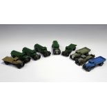 Four Dinky toys No. 25d petrol tankers, fourth type chassis, all finished in green, two No. 25c flat