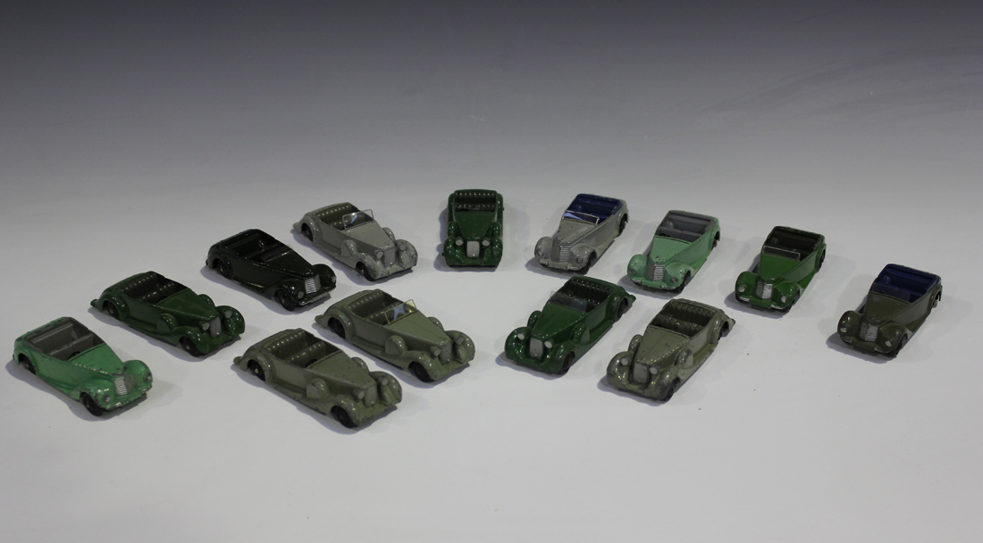 Six Dinky Toys No. 38e Armstrong Siddeleys and seven No. 38c Lagondas (paint chips, playwear, one