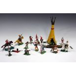A collection of Britains plastic figures, including Life Guards (playwear), Highland bandsmen,