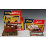 Five Dinky Toys emergency vehicles, comprising a No. 195 fire chief's car, a No. 271 Ford Transit