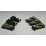 Two Dinky Toys post-war No. 30c Daimlers with open chassis and ridged wheels and four No. 30c