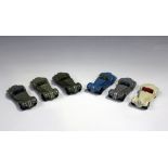Six Dinky Toys No. 38a Frazer-Nash sports cars with ridged tinplate bases and wheels (paint chips,