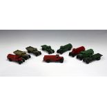 Five Dinky Toys No. 25d petrol tankers, third type chassis, comprising three red and two green,
