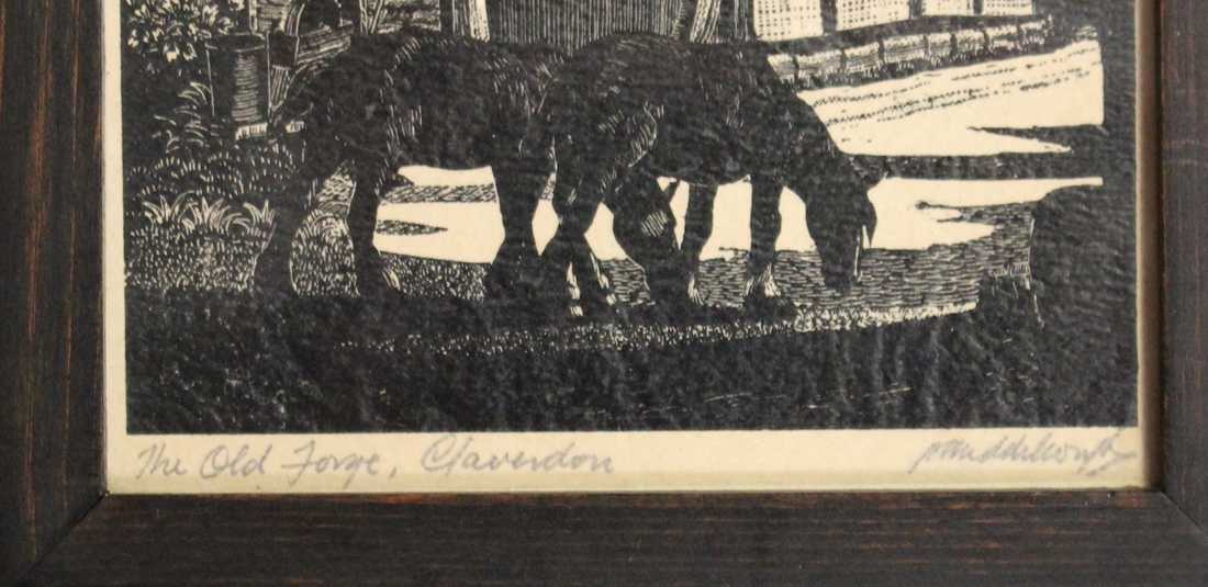 British School - 'The Old Forge, Claverdon', 20th century monochrome woodcut, indistinctly signed - Image 2 of 2