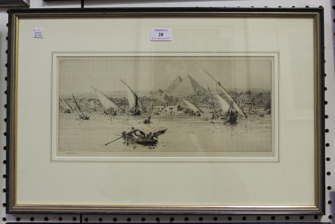 William Lionel Wyllie - Feluccas on the Nile, the Pyramids beyond, monochrome etching, signed in