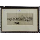 William Lionel Wyllie - Feluccas on the Nile, the Pyramids beyond, monochrome etching, signed in