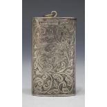 A Victorian silver vesta case of flattened cylindrical form with feathered scroll engraved