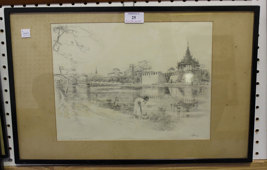 E.G. MacColl - 'The South Moat, Mandalay', monochrome etching, signed with initials, titled and