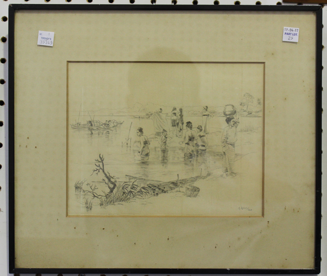 E.G. MacColl - 'The South Moat, Mandalay', monochrome etching, signed with initials, titled and - Image 3 of 5