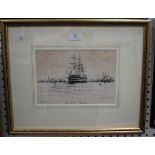 William Minshall Birchall - 'H.M.S. Worcester', wood-engraving, signed in pencil, 17.5cm x 25.5cm,