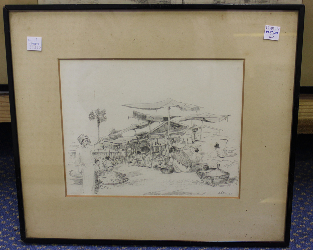 E.G. MacColl - 'The South Moat, Mandalay', monochrome etching, signed with initials, titled and - Image 4 of 5