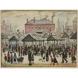 After L.S. Lowry - Market Scene, Northern Town, 1939, 20th century colour print, signed in pencil,