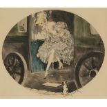 Louis Icart - 1830, Lady stepping out a Carriage beside a Dog, colour etching with aquatint,