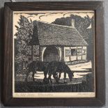 British School - 'The Old Forge, Claverdon', 20th century monochrome woodcut, indistinctly signed