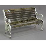 A 20th century Victorian style white painted cast metal garden bench, the foliate scrolling ends