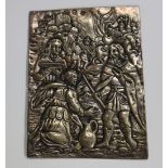 A 19th century plated rectangular plaque, embossed with a medieval scene of a bearded nobleman