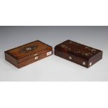 A Victorian bird's eye maple playing cards box, the hinged lid inlaid in mother-of-pearl with four