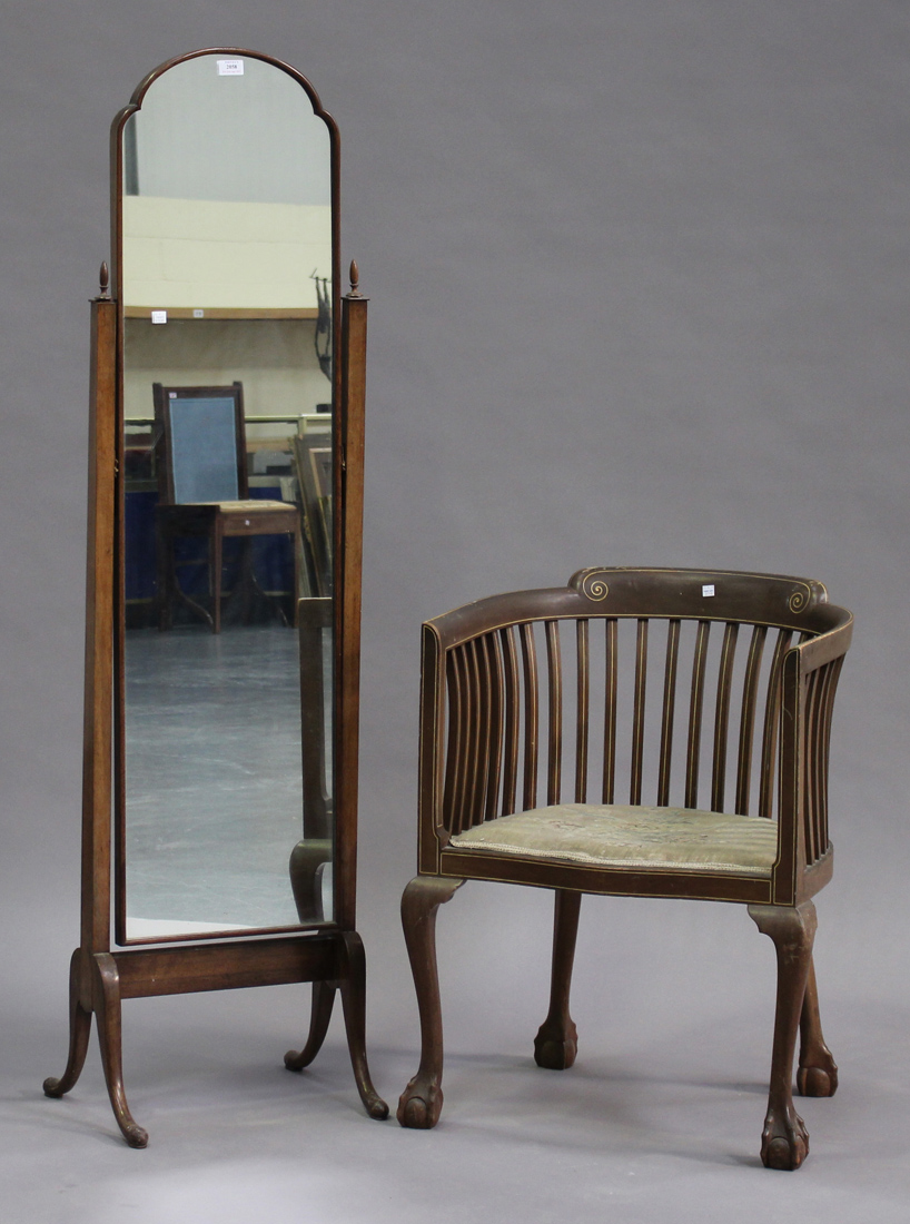 An early 20th century mahogany frame cheval mirror, height 158cm, width 43cm, together with a