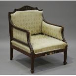 An Edwardian Neoclassical Revival satinwood armchair, painted with medallions, leaf sprays and