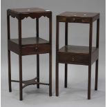 Two George III mahogany two-tier washstands, each fitted with a drawer and raised on block legs,