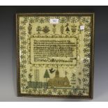 An early 19th century silk needlework sampler by Emma Collinson, Golden Hill, Aged 10, worked with a