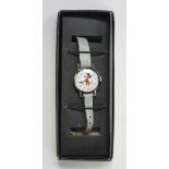A Walt Disney Productions Mickey Mouse wristwatch with a stainless steel case and blue leather