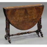 A mid-Victorian burr walnut Sutherland table, the oval crossbanded top with boxwood line inlaid
