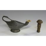 An Art Nouveau Kayserzinn pewter table oil lamp, the base numbered '4524', length 16.5cm, together