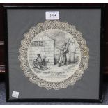 A pair of late 19th century silk placemats, both with penwork cartoons, one titled 'A day at the