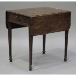 A George III mahogany Pembroke table, the hinged top with a moulded edge above a single frieze