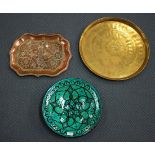 A 20th century Middle Eastern copper tray with engraved decoration, length 51cm, and a collection of