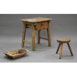 A 19th century rustic pine side table, fitted with a single drawer, on block legs, width 61cm,