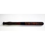 A Victorian policeman's truncheon, gilt and painted with a 'VR' cypher over a crowned coat of