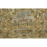 A large late 19th century Carolean Revival coloured silk rectangular wall hanging, depicting a