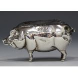 An Edwardian silver novelty pin cushion in the form of a pig, Birmingham 1905 by Britton, Gould &