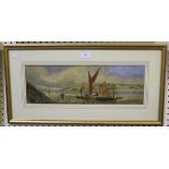 British School - Boats on an Estuary, late 19th century watercolour, 16cm x 49cm, within a gilt