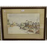 Voss - Street Scene with Ruined Buildings, possibly Manchester, 20th century watercolour and ink,