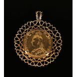 A 9ct gold pendant, mounted with a Victoria Jubilee Head sovereign 1892.Buyer’s Premium 29.4% (